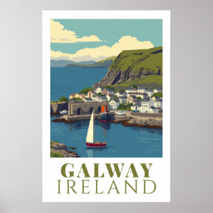 Poster Art de voyage vintage du port de Galway Irlande