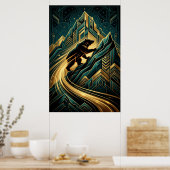 Poster Art Deco Bear Mountain Climb Golden Path (Cuisine)