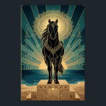 Poster Art Deco Black Horse Mandala Sunset Teal Gold Post<br><div class="desc">A divine and symmetrical celebration of the horse. This striking piece features a black horse silhouette standing upon a tiered Art Deco pedestal, positioned directly in front of a massive, shimmering gold mandala. Set against a deep teal sky with a rising sun and stylized ocean waves, this artwork brings a...</div>