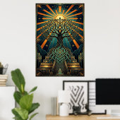 Poster Art Deco Celtic Tree of Life Pyramid Gold Teal  (Bureau à domicile)