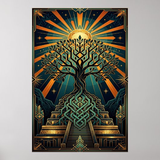 Poster Art Deco Celtic Tree of Life Pyramid Gold Teal  (Devant)