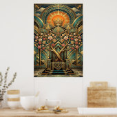 Poster Art Deco Cherry Blossom Tree Throne Gold Teal (Cuisine)