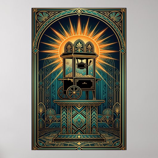 Poster Art Deco Cinema Popcorn Machine Gold & Teal (Devant)