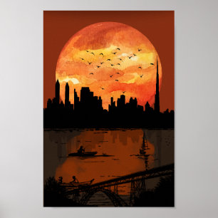 Poster Art Deco City Skyline Sunset Geometric Gold & Bron