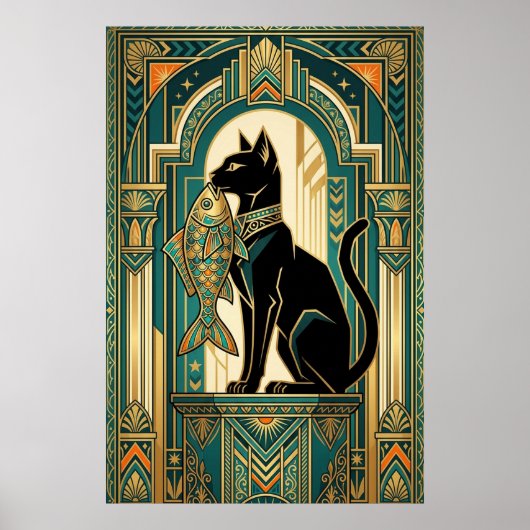 Poster Art Deco Curtain Climbing Cat Wall Art (Devant)