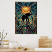 Poster Art Deco Elephant Pyramid Golden Sunset (Cuisine)