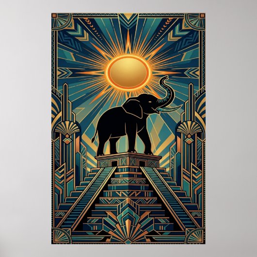 Poster Art Deco Elephant Pyramid Golden Sunset (Devant)