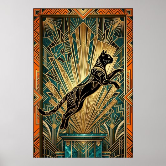 Poster Art Deco Leaping Black Cat Wall Art (Devant)
