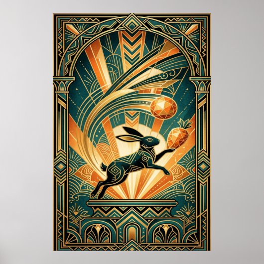 Poster Art Deco Leaping Rabbit Gold & Teal Art (Devant)