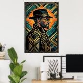 Poster Art Deco Noir Detective Fedora Profile Gold (Bureau à domicile)