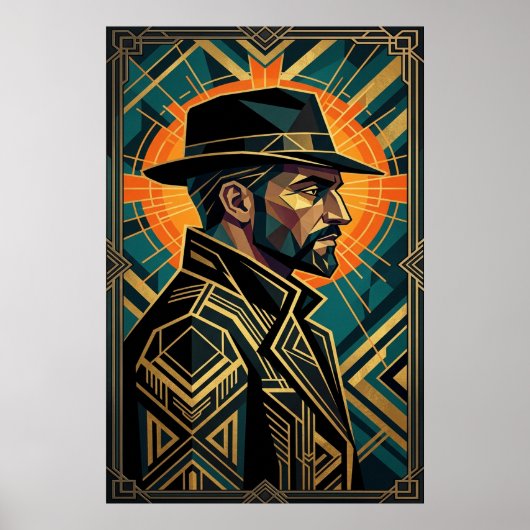 Poster Art Deco Noir Detective Fedora Profile Gold (Devant)