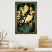 Poster Art Deco Pine Tree Silhouette Gold Teal Cliff Post (Cuisine)
