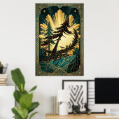 Poster Art Deco Pine Tree Silhouette Gold Teal Cliff Post (Bureau à domicile)