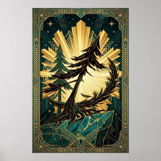 Poster Art Deco Pine Tree Silhouette Gold Teal Cliff Post (Devant)