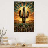Poster Art Deco Saguaro Cactus Sunburst Desert Gold Teal  (Cuisine)