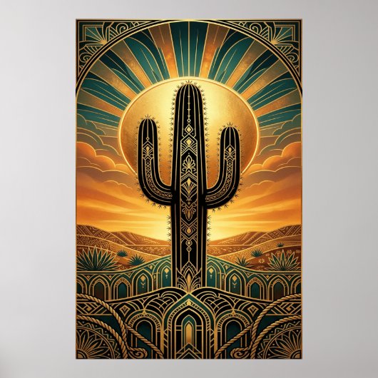 Poster Art Deco Saguaro Cactus Sunburst Desert Gold Teal  (Devant)