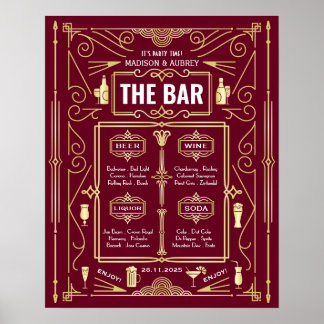 Poster Art Deco Wedding Gold Burgundy Open Bar Party Menu