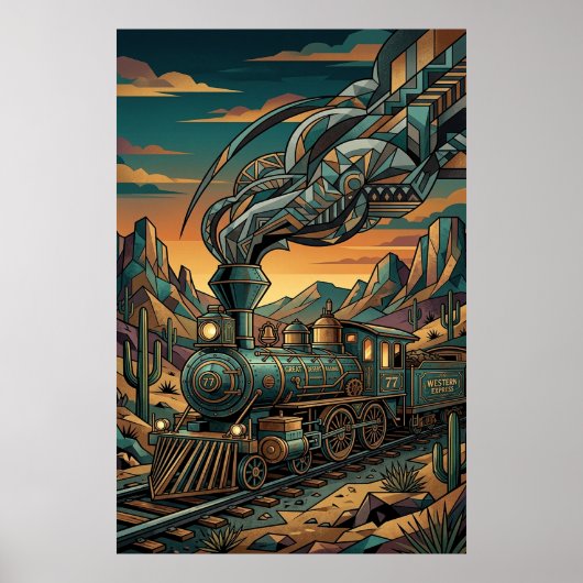 Poster Art Deco Western Express Train, Geometric Wall Art (Devant)