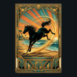 Poster Art Deco Wild Horse Beach Sunset Teal Orange<br><div class="desc">Capture the untamed spirit of the frontier with this dynamic Art Deco illustration. A powerful black horse leaps across a sandy beach with stylized ocean waves in the background. Framed by a radiant teal and orange sunburst and an intricate geometric border featuring cactus motifs, this piece perfectly bridges the gap...</div>