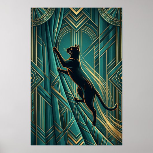 Poster Art Deco Windowsill Black Cat Wall Art (Devant)