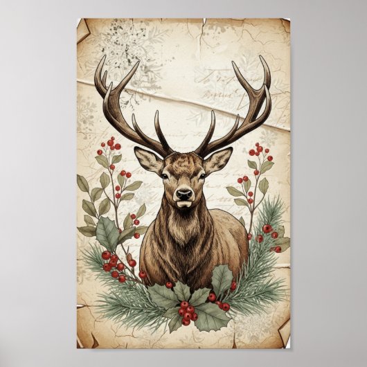 Poster Art découpage de cerfs de Noël vintage (Devant)