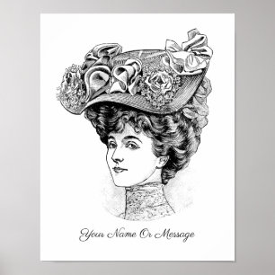 Poster Art des années 1800 d'une femme avec un chapeau fl