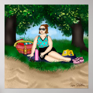 Poster Art dessiné à la main Femme Se détendre à la pla