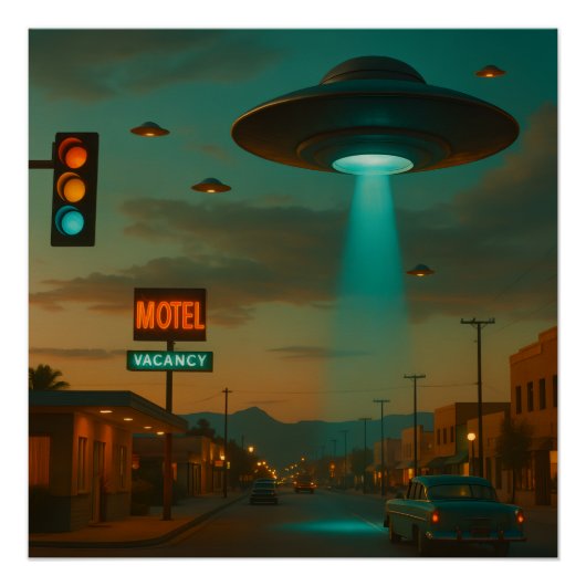 Poster Art d'invasion UFO rétro style MCM (Devant)