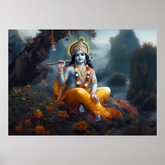 Poster Art divin du Seigneur Krishna bleu (Devant)