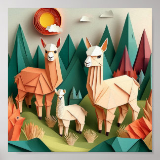 Poster Art d'origami en papier Alpacas Scène 3D