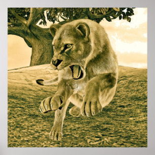 Poster Art dramatique de la lionne safari faune