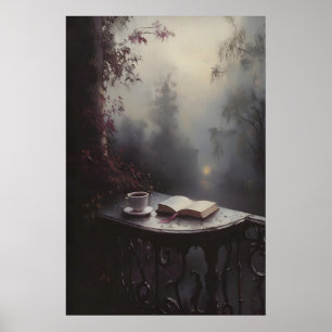 Poster Art du balcon victorien maussade avec livre ouvert