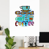 Poster Art du café Bonnes vibrations et café (Bureau à domicile)