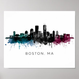 Poster Art du Massachusetts Aquarelle de la skyline de