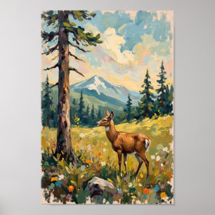 Poster Art du paysage boisé de cerf vintage