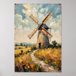 Poster Art du paysage rural avec moulin à vent vintage