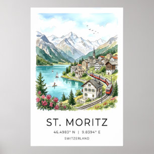 Poster Art du paysage suisse St Moritz Aquarelle - Alpin