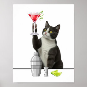 Poster Art d'un chat tenant un Martini rose