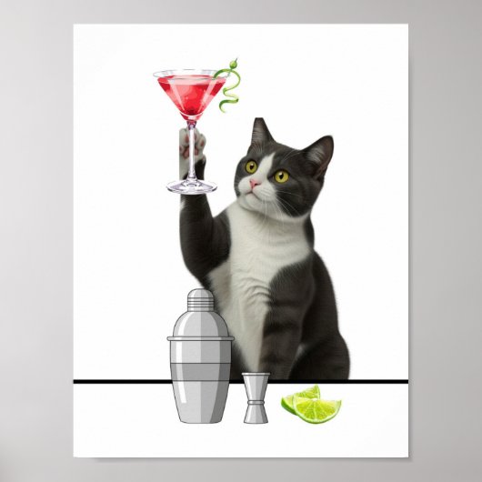 Poster Art d'un chat tenant un Martini rose (Devant)