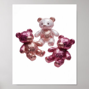 Poster Art en argent Trois Ours en Peluche Brillants Text