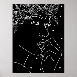 Poster Art en ligne de baiser floral féminin noir et blan