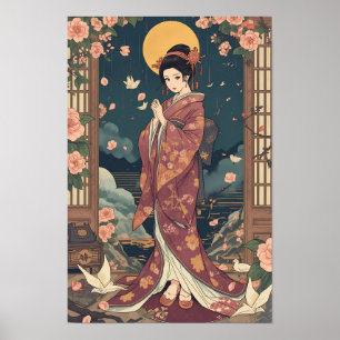 Poster Art esthétique de fille en kimono d'anime japonais