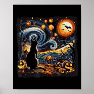 Poster Art étoilé effrayant Nuit Art étoilé Chat noir Cit