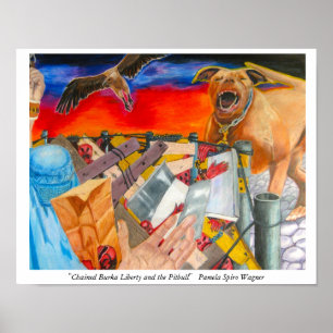 Poster Art étrange et mystérieux de figure chaînée+chien