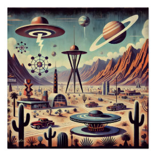 Poster Art fantastique d'invasion de désert extraterrestr