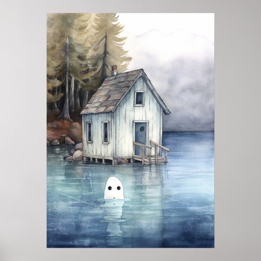 Poster Art fantôme : Maison minuscule sur un lac (Devant)