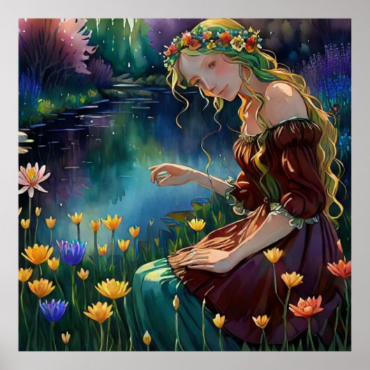 Poster *~ Art Femme assise Pick Flower Pond AP56 (Devant)