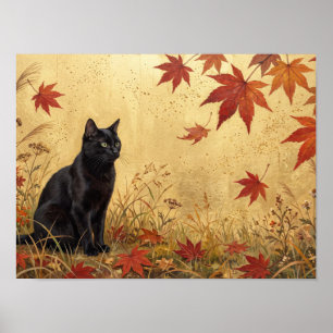 Poster Art Feuille de Maple d'Automne Chat Noir