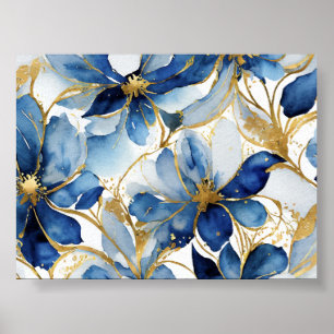 Poster Art floral bleu avec accents or
