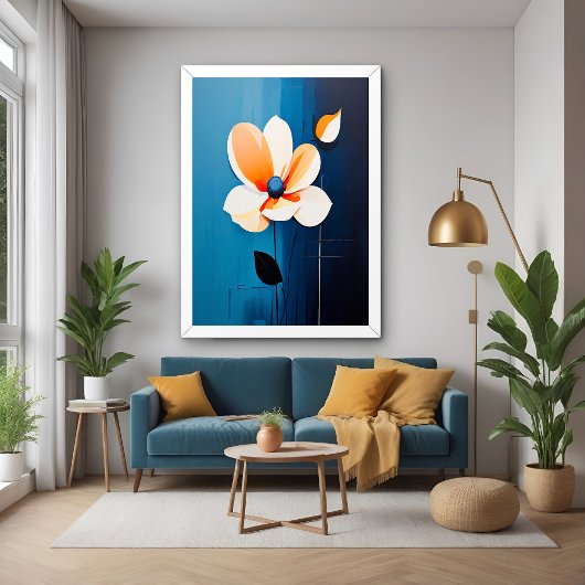 Poster Art floral bleu et orange contemporain